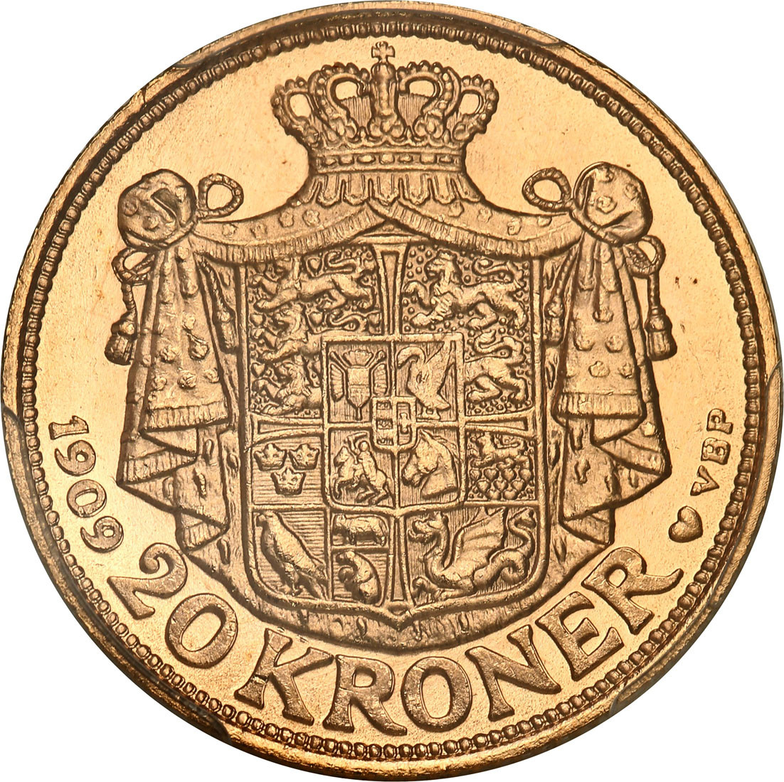 Dania. Fryderyk VIII (1906-1912). 20 Koron 1909 VBP, Kopenhaga, PCGS MS64